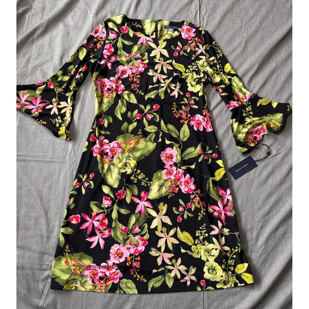 Tommy Hilfiger Womens Black Floral Dress Size 6 NWT Bell 3/4 Sleeve Spring
